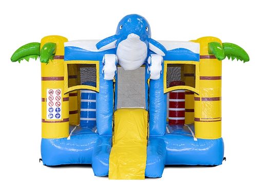 Mini multiplay dolphin-themed inflatable bouncy castle with slide to buy for kids in blue color. Order inflatable bouncy castles online at JB Inflatables UK