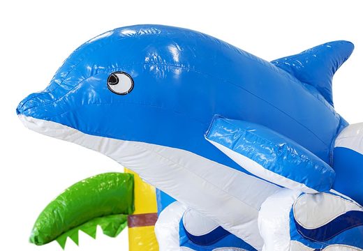 Buy mini multiplay inflatable bouncy castle in blue dolphin theme with slide for children. Inflatable bouncy castles for sale at JB Inflatables UK