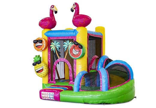 Buy a small indoor inflatable multiplay bouncy castle in the theme flamingo with slide for children. Order inflatable bouncy castles online at JB Inflatables UK