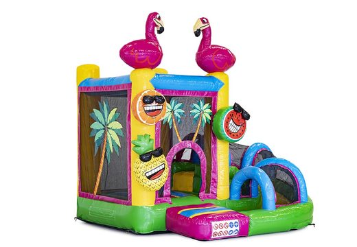 Mini inflatable multiplay bouncy castle in flamingo theme for children. Order inflatable bouncy castles online at JB Inflatables UK