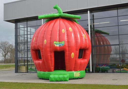 Custom made Meinardi Strawberry bouncy castle in different models for sale, ideal for various events. Order bespoke promotional bouncy castles at JB Promotions UK