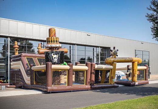 Buy pirate bouncy castle with slides, obstacles and fun pirate themed prints for kids. Order bouncy castles online at JB Inflatables UK
