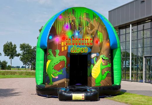 Now available to buy disco multi-themed 4.5meters Crocodile themed bouncy castle for kids. Order inflatable bouncy castles at JB Inflatables UK