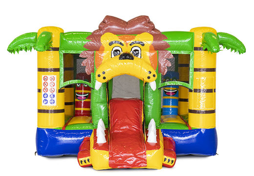 Lion-themed mini inflatable bouncy castle with slide for sale for kids. Order inflatable bouncy castles online at JB Inflatables UK