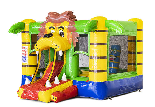 Buy mini inflatable bouncy castle with slide in lion theme for kids. Order inflatable bouncy castles with slide at JB Inflatables UK