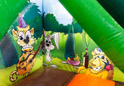 Order large inflatable open multiplay bounce house with slide in funcity jungle theme for kids. Buy bounce houses online at JB Inflatables UK