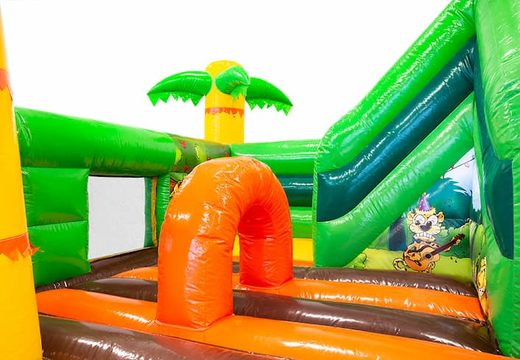 Funcity Jungle bouncy castle with a slide on the inside, the 3D object on the jumping surface and fun jungle design for kids. Order bouncy castles online at JB Inflatables UK