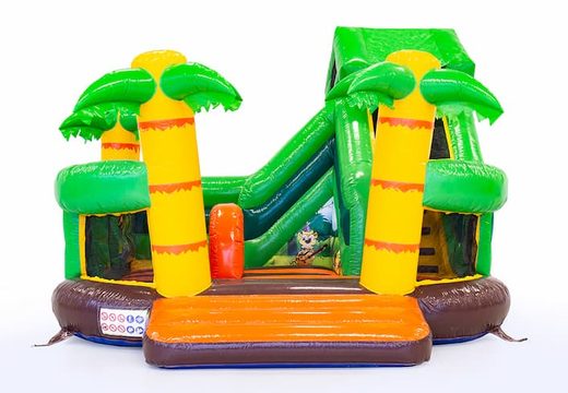 Funcity Jungle bouncy castle with a slide on the inside, the 3D object on the jumping surface and fun jungle design for children. Buy bouncy castles online at JB Inflatables UK