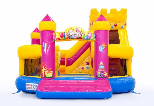 Funcity party bouncy castle with a slide on the inside, the 3D object on the jumping surface and fun party design for children. Buy bouncy castles online at JB Inflatables UK