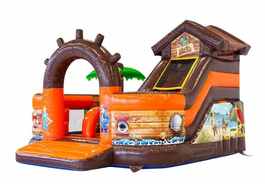 Large inflatable open multiplay bouncy castle with slide for sale in funcity pirate theme for kids. Order bouncy castles online at JB Inflatables UK