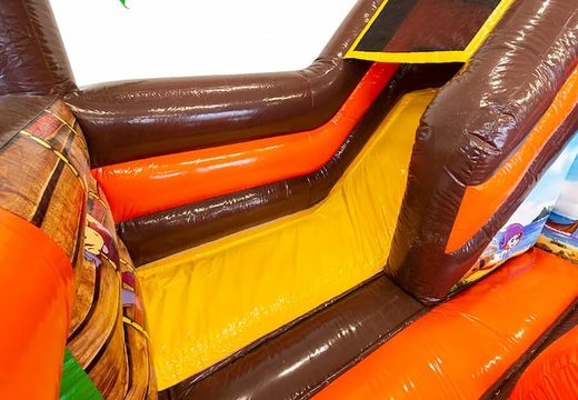 Funcity pirate bouncer with a slide on the inside, the 3D object on the jumping surface and fun pirate design for children. Buy bouncers online at JB Inflatables UK