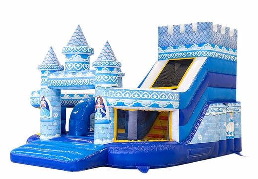 Buy large inflatable open blue multiplay bouncy castle with slide in theme funcity princess for children. Order bouncy castles online at JB Inflatables UK