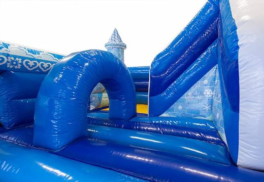 Blue funcity princess bouncer with a slide on the inside, the 3D object on the jumping surface and fun princess design for kids. Order bouncers online at JB Inflatables UK