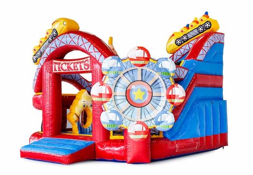 Buy large inflatable open multiplay bouncy castle with slide in theme roller coaster rollercoaster for children. Order bouncy castles online at JB Inflatables UK