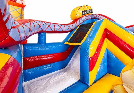 Order inflatable open multiplay bouncer with slide in rollercoaster theme for children. Buy bouncers online at JB Inflatables UK