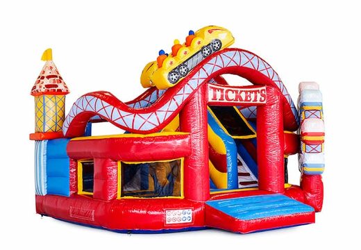 Funcity Rollercoaster bouncy castle with a slide on the inside and the 3D object on the jumping surface for kids. Order bouncy castles online at JB Inflatables UK