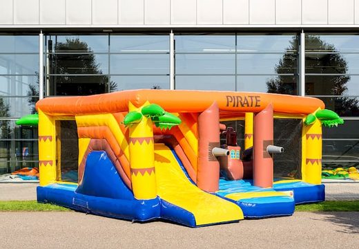 Buy indoor multiplay pirate bouncy castle in a limited height of 2.74 meters and with a slide for children. Order bouncy castles online at JB Inflatables UK