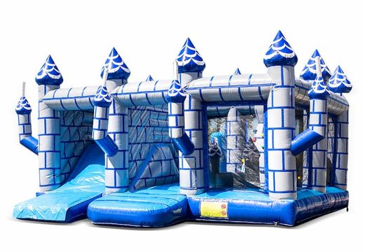 Buy large inflatable open blue white multiplay bouncy castle with slide in theme indoor castle for children. Order bouncy castles online at JB Inflatables UK