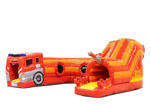 Buy a large inflatable indoor play fun bouncy castle crawl tunnel in the theme of children's fire brigade. Order bouncy castles online at JB Inflatables UK