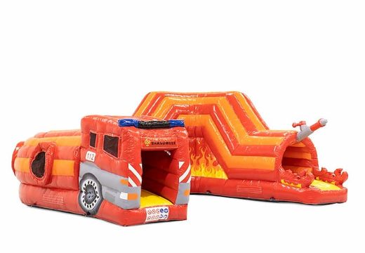 Inflatable fire-themed crawl tunnel with obstacles, use a climbing ramp and sliding ramp for children. Buy bouncy castles online at JB Inflatables UK
