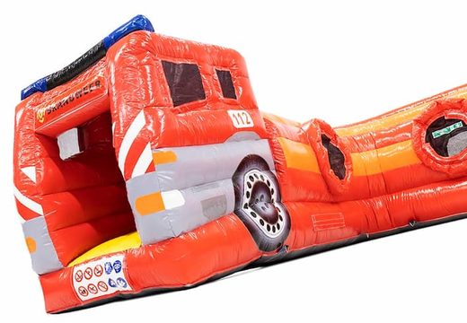 Crawl tunnel fire brigade bouncer with obstacles, a climbing ramp and sliding ramp for kids. Buy bouncers online at JB Inflatables UK