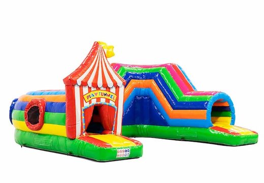 Crawl tunnel circus bouncy castle with obstacles, a climbing ramp and sliding ramp for kids. Buy bouncy castles online at JB Inflatables UK