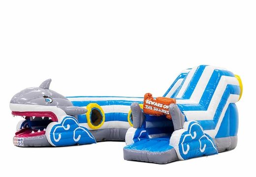 Buy a large inflatable indoor play fun crawl tunnel bouncy castle crawling shark themed for children. Order bouncy castles online at JB Inflatables UK