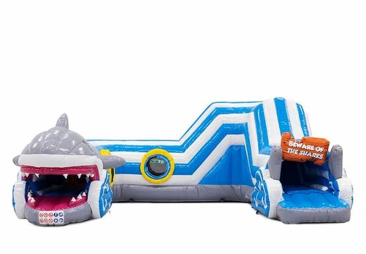 Shark-themed indoor inflatable crawl tunnel for kids. Buy bouncy castles online now at JB Inflatables UK