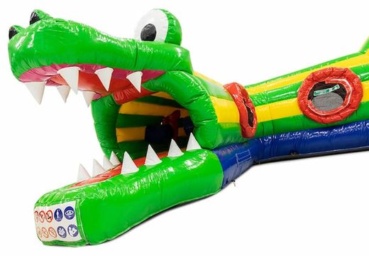 Buy Playfun crawl tunnel bouncy castle in crocodile theme for children. Order bouncy castles online at JB Inflatables UK