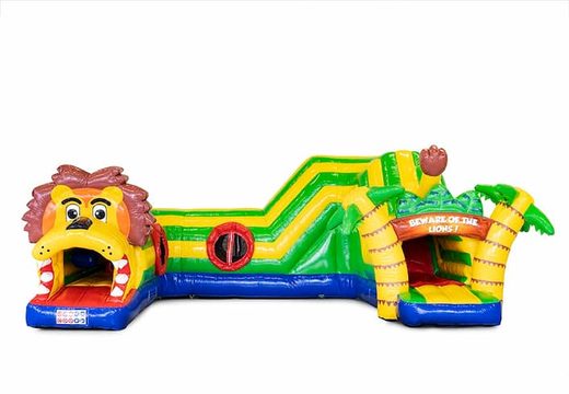 Order a crawling tunnel lion bouncy castle with obstacles, a climbing slope and sliding slope for kids. Buy bouncy castles online at JB Inflatables UK