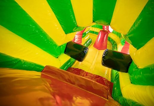 Buy a covered crawl tunnel bouncer in lion theme with obstacles, a climbing slope and sliding slope for children. Order bouncers online at JB Inflatables UK