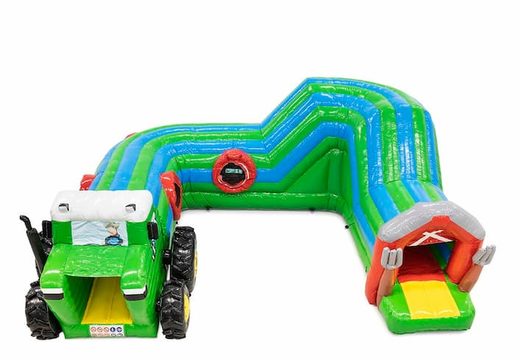 Buy Playfun crawl tunnel bouncy castle in tractor theme for children. Order bouncy castles online at JB Inflatables UK