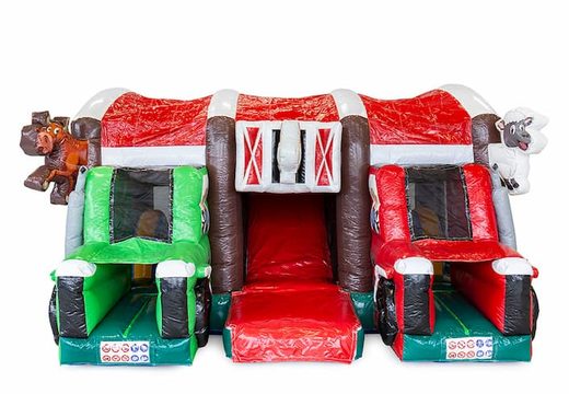 Buy an inflatable multi-play farm bouncy castle with a slide in the middle and 3D objects for children. Order bouncy castles online at JB Inflatables UK