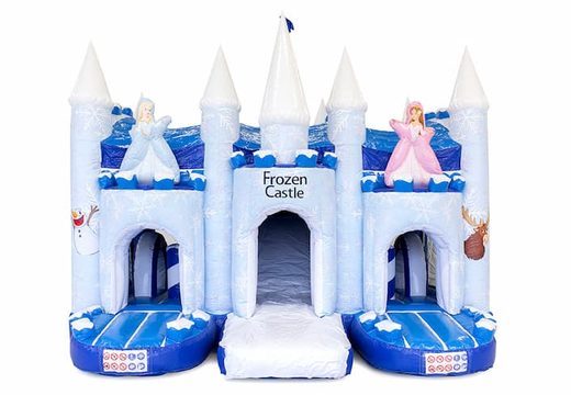 Order a blue and white bouncy castle in the ice theme in a unique design, a slide and 3D objects for kids. Buy bouncy castles online at JB Inflatables UK