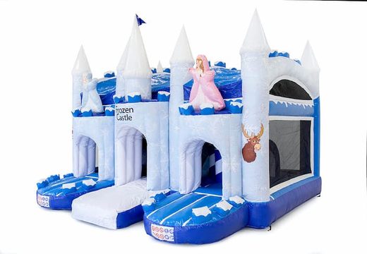 Buy large inflatable covered blue and white multiplay bouncy castle with slide in theme ice ice frozen for children. Order bouncy castles online at JB Inflatables UK