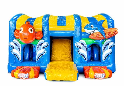 Order seaworld bouncy castle in a unique design with two entrances, a slide in the middle and 3D objects for kids. Buy bouncy castles online at JB Inflatables UK