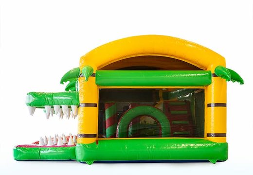 Crocodile-themed bouncy castle with a slide and buy 3D objects for children. Order bouncy castles online at JB Inflatables UK