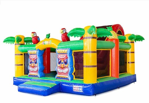 Buy a large inflatable open multiplay bouncy castle with slide in the Hawaii theme for children. Order inflatable bouncy castles online at JB Inflatables UK