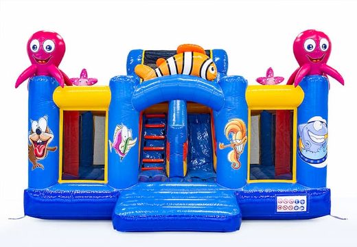 Buy Inflatable Boss slidebox bouncy castle in Seaworld theme with a slide for children. Order bouncy castles online at JB Inflatables UK