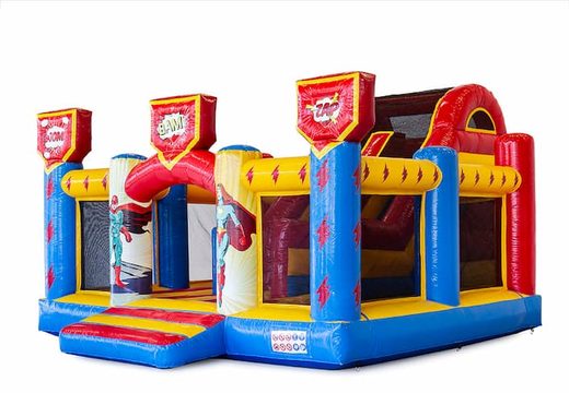 Buy large inflatable open multiplay bouncy castle with slide in the theme superhero superheroes for children. Order inflatables online at JB Inflatables UK