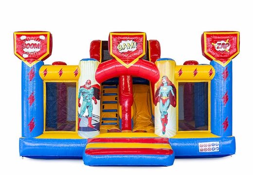 Order Slidebox superhero bouncy castle with slide for kids. Buy inflatables online at JB Inflatables UK