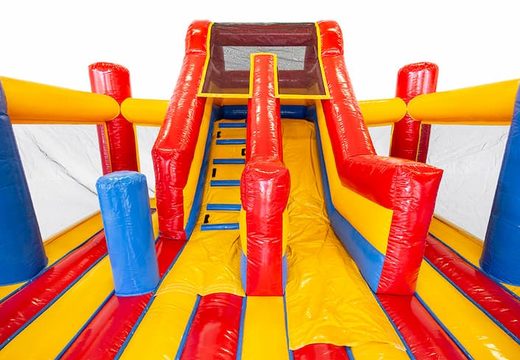 Buy inflatable boss slidebox in superhero bouncy castle theme with a slide for children. Order bouncy castles online at JB Inflatables UK