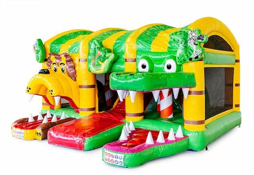 Buy an indoor inflatable bouncy castle with slide in the jungle world theme for children. Order bouncy castles online at JB Inflatables UK