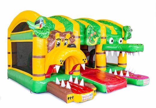 Jungleworld themed bouncy castle with a slide and 3D objects for children. Order bouncy castles online at JB Inflatables UK