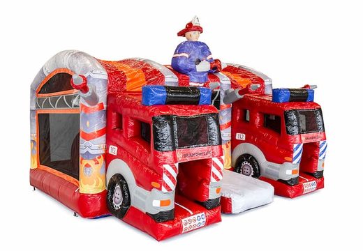 Orde multiplay XXL Fire Brigade bouncy castle in a unique design with two entrances, a slide in the middle and 3D objects for children. Buy bouncy castles online at JB Inflatables UK