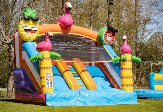 Multiplay splashy slide flamingo bounce house for kids at JB Inflatables UK. Buy inflatable bounce houses online at JB Inflatables UK