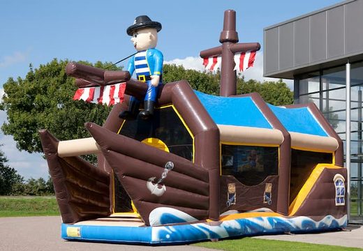 Buy shooting combo pirate bounce house covered with shooting game and slide for kids. Order bounce houses online at JB Inflatables UK