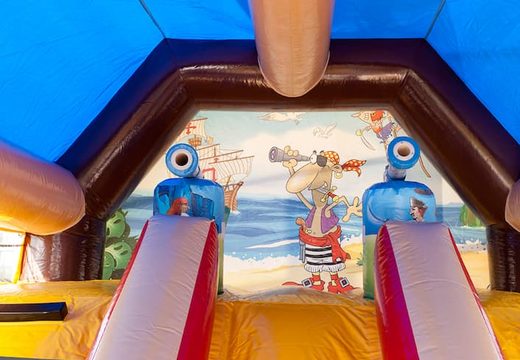 Buy shooting combo pirate bouncy castle with shooting game and slide for kids. Order inflatable bouncy castles online at JB Inflatables UK
