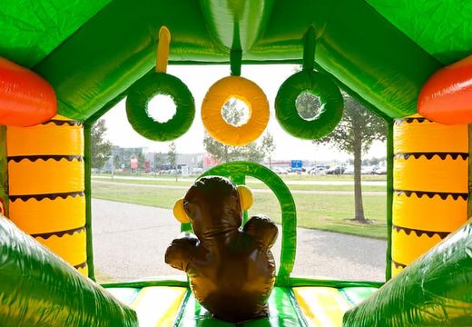 Order shooting combo small jungle bouncy castle covered, with shooting game and slide for kids. Buy inflatable bouncy castles online at JB Inflatables UK
