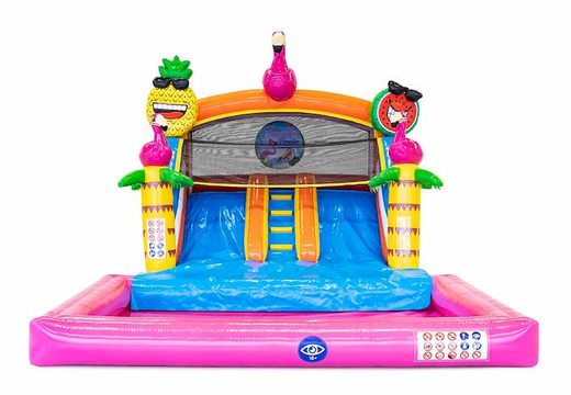 Buy a bouncy castle with water slide for your garden in a flamingo theme for children. Order bouncy castles online at JB Inflatables UK